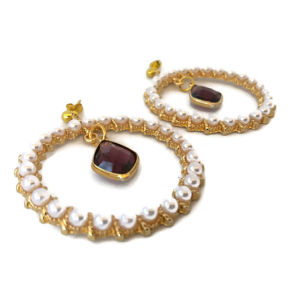 Μεγάλα σκουλαρίκια κυκλικά - σκουλαρίκια, κρεμαστά, πέρλες, μεγάλα, faux bijoux, καρφάκι - 2