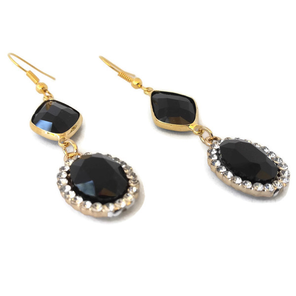 Μακρύ σκουλαρίκι με μαύρο στρας - μακριά, μαύρα, κρεμαστά, γάντζος, faux bijoux