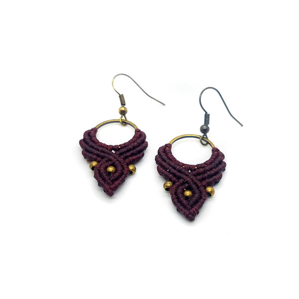 Boho Μωβ Κρεμαστά Σκουλαρίκια Macrame Pierced ή Clip On Sangria Purple Color Boho Vintage Style - μακραμέ, boho, μπρούντζος, κρεμαστά, γάντζος