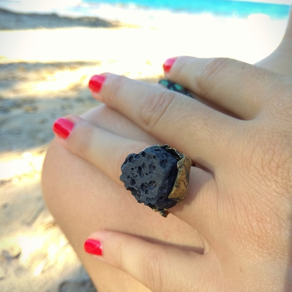 Δαχτυλίδι από ορείχαλκο και πέτρωμα από λάβα - ημιπολύτιμες πέτρες, ορείχαλκος, αυξομειούμενα - 3
