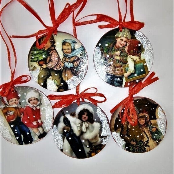 ΞΥΛΙΝΑ ΧΡΙΣΤΟΥΓΕΝΝΙΑΤΙΚΑ ΚΡΕΜΑΣΤΑ ΣΤΟΛΙΔΙΑ ΣΕΤ 5 ΤΕΜ (D=6,5cm) χειροποιητα - ξύλο, vintage, χριστουγεννιάτικα δώρα, στολίδια, ξύλινα διακοσμητικά - 5