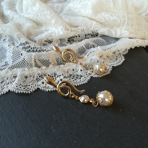 Μακρύ καρφωτό σκουλαρίκι με φιδάκι και πέρλες. - μακριά, καρφωτά, πέρλες, faux bijoux - 3