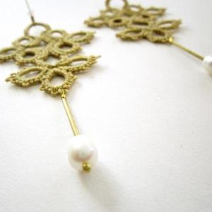 Κίτρινα lace σκουλαρίκια με κρεμαστό μαργαριτάρι - ορείχαλκος, boho, κρεμαστά, πέρλες, μεγάλα, πολυέλαιοι - 3
