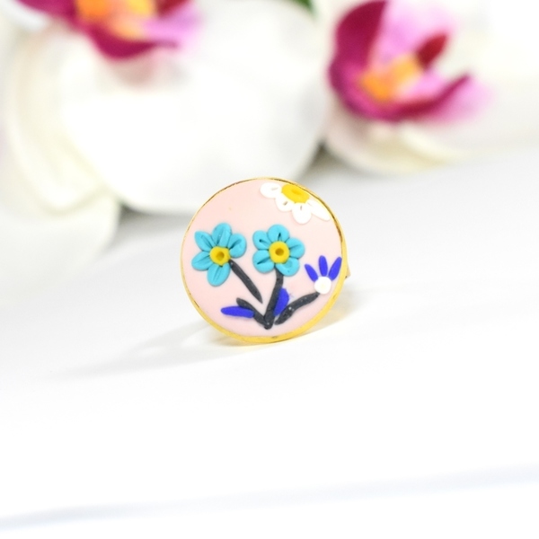 Δαχτυλίδι με πηλό και λουλούδια - ορείχαλκος, πηλός, μεγάλα, αυξομειούμενα