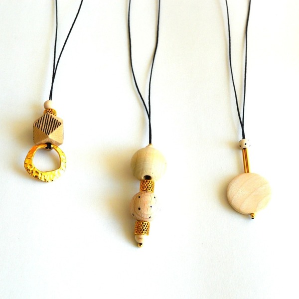 Wooden Necklace Gold B - χάντρες, μακριά - 3