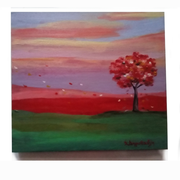 Πίνακας ζωγραφικής σε ξύλο,με δέντρο στο ηλιοβασίλεμα - ζωγραφισμένα στο χέρι, πίνακες & κάδρα, δέντρα, πίνακες ζωγραφικής