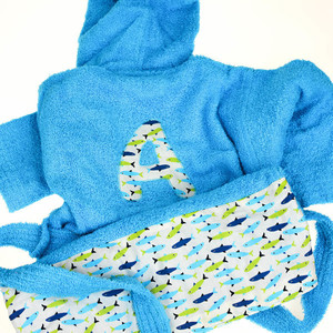 Τυρκουάζ παιδικό μπουρνούζι (2-14ετών) με μονόγραμμα, καρχαριάκια - αγόρι, δώρα για βάπτιση, personalised, βρεφικά, δώρα για μωρά, για παιδιά, πετσέτες - 3