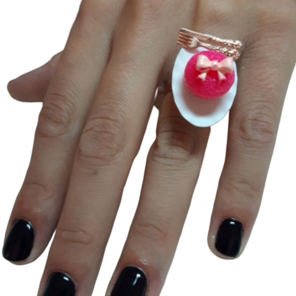 Χειροποίητο δαχτυλίδι pink cupcake - μεγάλα, επιροδιωμένα, αυξομειούμενα - 3