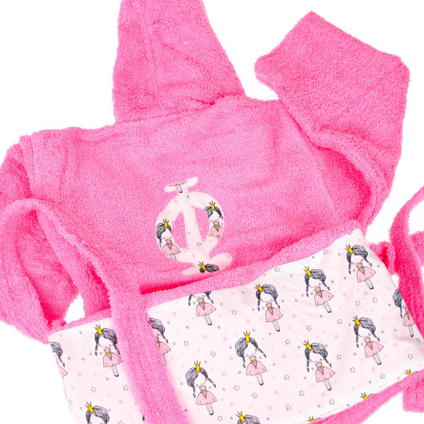 Ροζ παιδικό μπουρνούζι (2-14ετών) με μονόγραμμα - κορίτσι, όνομα - μονόγραμμα, δώρα για βάπτιση, παιδικά ρούχα, πετσέτες, βρεφικά ρούχα - 2