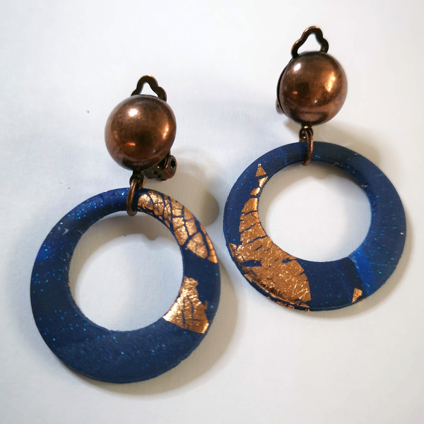 Blue and copper minimal design 2 - μακριά, minimal, polymer clay, με κλιπ, φθηνά
