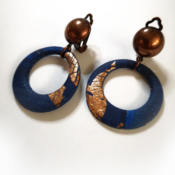 Blue and copper minimal design 2 - μακριά, minimal, polymer clay, με κλιπ, φθηνά - 2