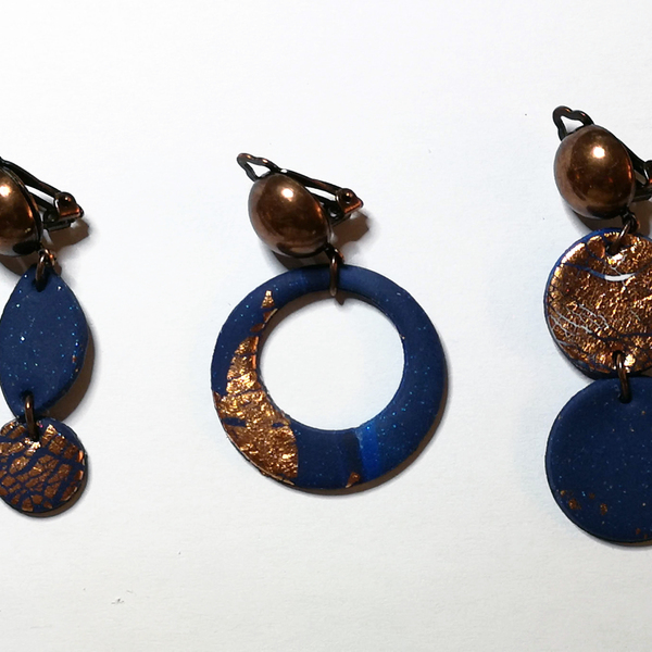 Blue and copper minimal design 3 - γεωμετρικά σχέδια, polymer clay, με κλιπ, φθηνά - 2