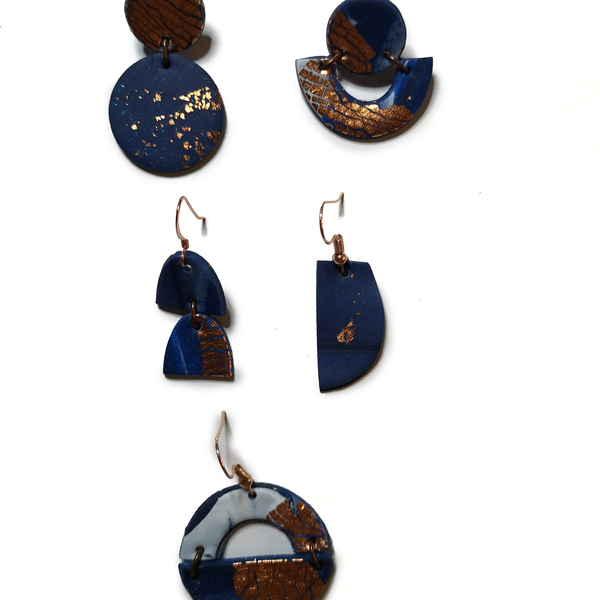Blue and copper minimal design 8 - πηλός, γεωμετρικά σχέδια, καρφωτά - 3