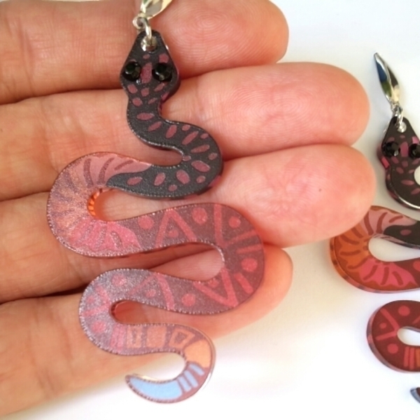 Laser cut acrylic earrings, Plexi σκουλαρίκια φίδι, Ακρυλικά σκουλαρίκια - κρεμαστά, faux bijoux - 3
