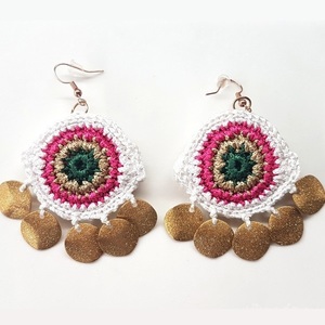 Crochet boho σκουλαρίκια "μάτια" με χρυσά φλουριά - statement, ορείχαλκος, boho, faux bijoux, πλεκτά - 2