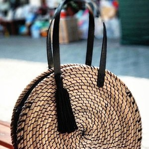 Χειροποίητη πλεκτή τσάντα με ψαθα - στρογγυλό, ώμου, ψάθα, crochet, all day, boho, ethnic, πλεκτές τσάντες - 4