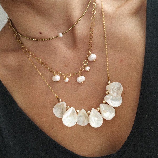 Κολιέ "pearls" - μαργαριτάρι, επιχρυσωμένα, κοντά, πέρλες, φθηνά - 3