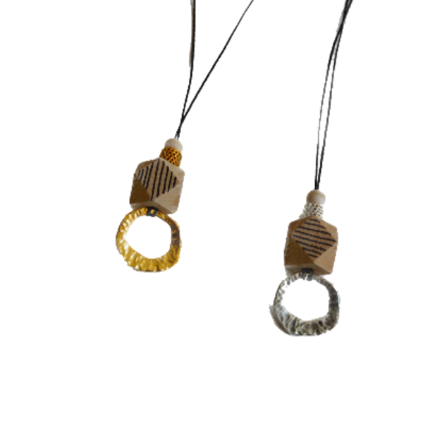 Wooden Necklace Gold & Silver - χάντρες, μεταλλικά στοιχεία