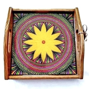 Χειροποιητος δισκος με τεχνική mandala. - ξύλο, είδη σερβιρίσματος, πιατάκια & δίσκοι