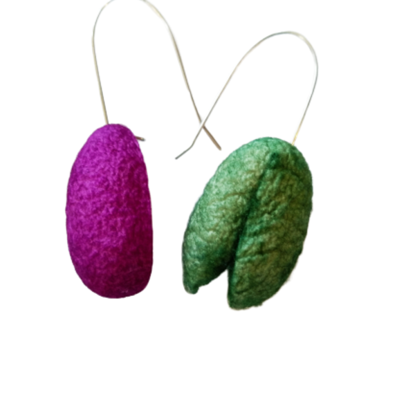 Μωβ πράσινα σκουλαρίκια με μεταξωτά κουκούλια - πρωτότυπο, μακριά, boho, κρεμαστά, φθηνά