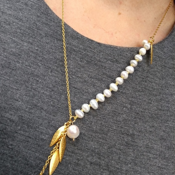 Pearl necklace - επιχρυσωμένα, κοντά, μπρούντζος, πέρλες - 2