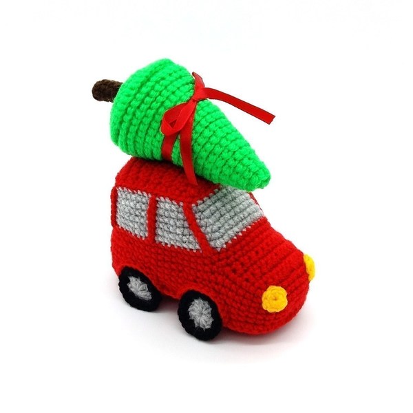 Πλεκτό αυτοκινητάκι με Χριστουγεννιάτικο δέντρο - λούτρινα, χριστουγεννιάτικο, amigurumi, στολίδι δέντρου, δώρο γέννησης - 2