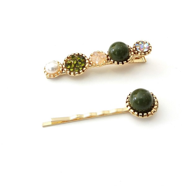 Σετ 2 τσιμπιδάκια με πράσινες πέρλες - πέρλες, μοδάτο, hair clips