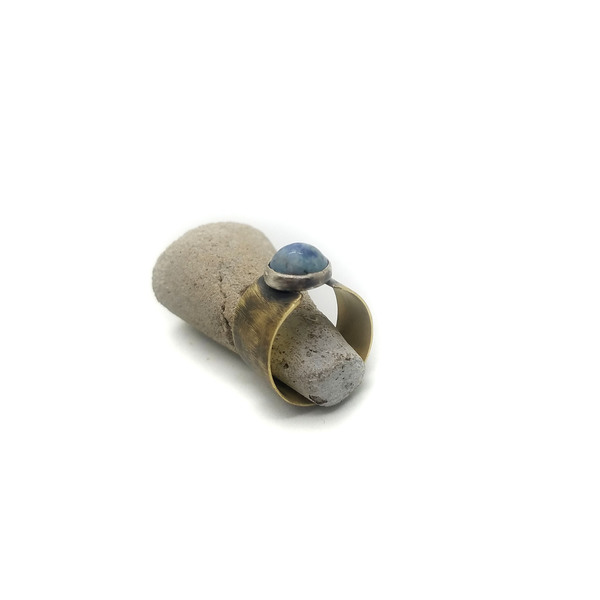 Δαχτυλίδι μπρούτζινο με ασήμι και ημιπολύτιμη πέτρα σαδολίτη - ημιπολύτιμες πέτρες, boho, μπρούντζος, σταθερά - 2