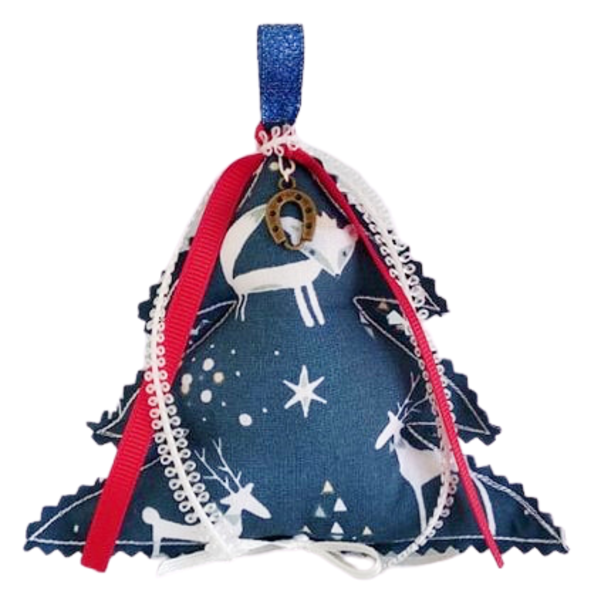 Γούρι δεντράκι υφασμάτινο μπλε τάρανδοι - ύφασμα, δέντρα, χριστουγεννιάτικο, γούρια, δέντρο
