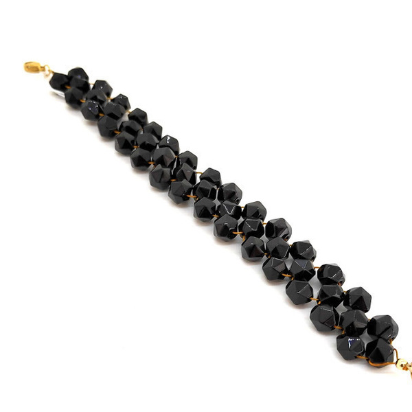 Μοναδικό πλεχτό βραχιόλι με μαύρο ακατέργαστο αχάτη. - ημιπολύτιμες πέτρες, αχάτης, επιχρυσωμένα, σταθερά, φαρδιά - 2