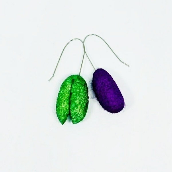 Μωβ πράσινα σκουλαρίκια με μεταξωτά κουκούλια - πρωτότυπο, μακριά, boho, κρεμαστά, φθηνά - 5