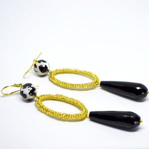 Μίνιμαλ σκουλαρίκια χρυσό μαύρο - επιχρυσωμένα, πέτρες, μακριά, κρεμαστά - 2
