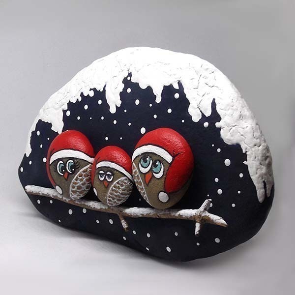Χριστουγεννιάτικη πέτρα, 3D κουκουβάγιες 12x20x4,5 εκ. - ζωγραφισμένα στο χέρι, κουκουβάγια, διακοσμητικά, χριστουγεννιάτικα δώρα, άγιος βασίλης - 5