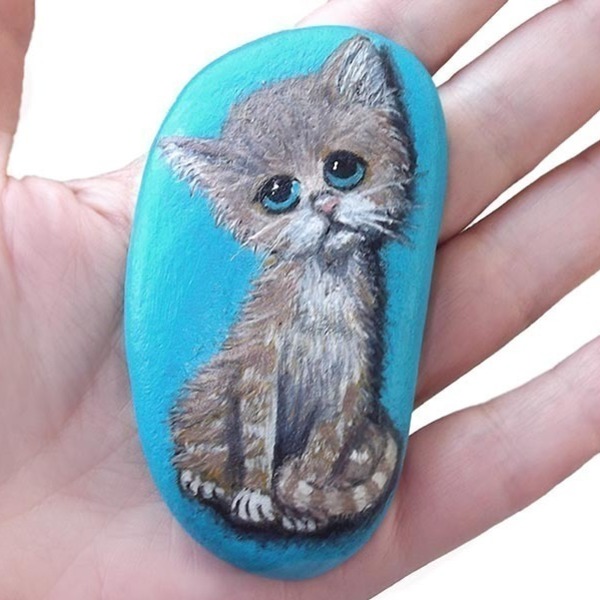 Γατάκι, ζωγραφισμένο στο χέρι, σε βότσαλο - ζωγραφισμένα στο χέρι, πέτρα, διακοσμητικές πέτρες - 2