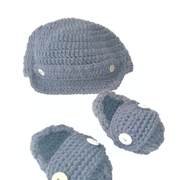 Πλεκτό Σετ για Νεογέννητο Αγοράκι Καπέλο και Παπουτσάκια Αγκαλιάς! - σκουφάκια