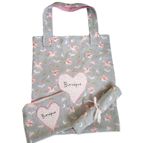 Παιδική tote bag συν κασετίνα/πορτοφόλι Unicorns grey glitter - κασετίνες, κορίτσι, δώρο, tote, τσαντάκια