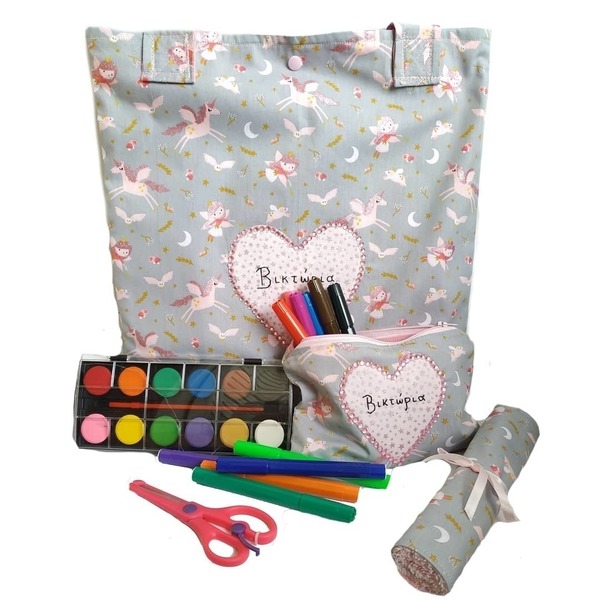 Παιδική tote bag συν κασετίνα/πορτοφόλι Unicorns grey glitter - κασετίνες, κορίτσι, δώρο, tote, τσαντάκια - 2