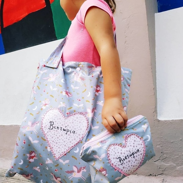 Παιδική tote bag συν κασετίνα/πορτοφόλι Unicorns grey glitter - κασετίνες, κορίτσι, δώρο, tote, τσαντάκια - 4