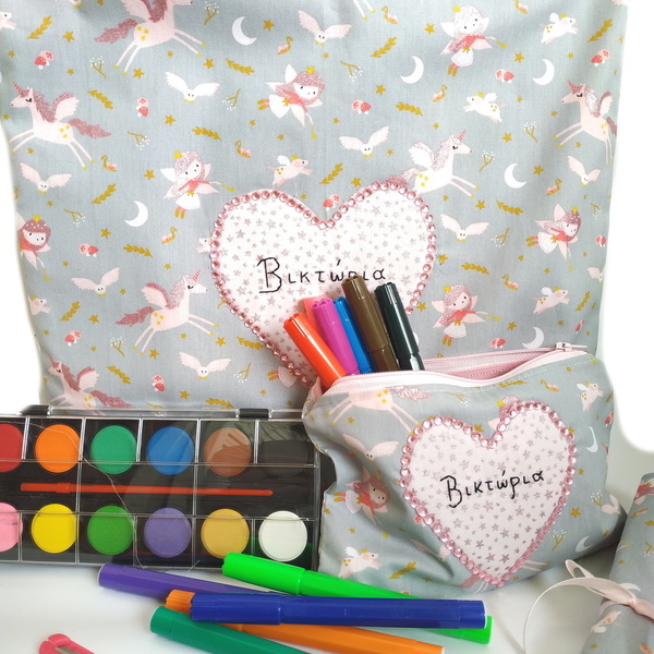 Παιδική tote bag συν κασετίνα/πορτοφόλι Unicorns grey glitter - κασετίνες, κορίτσι, δώρο, tote, τσαντάκια - 5