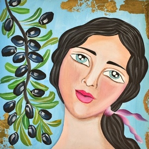 Διακοσμητικός Παραδοσιακός Πίνακας - Κορίτσι με Ελιά - πίνακες & κάδρα, καμβάς, πίνακες ζωγραφικής