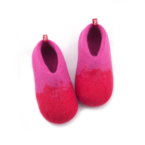 Παιδικά παπούτσια για το σπίτι από μαλλί 100% φούξια με κόκκινο - μαλλί