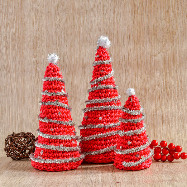 Κόκκινα πλεκτά Χριστουγεννιάτικα δέντρα , σετ 3 τεμαχίων - χειροποίητα, χριστουγεννιάτικο δέντρο, διακοσμητικά