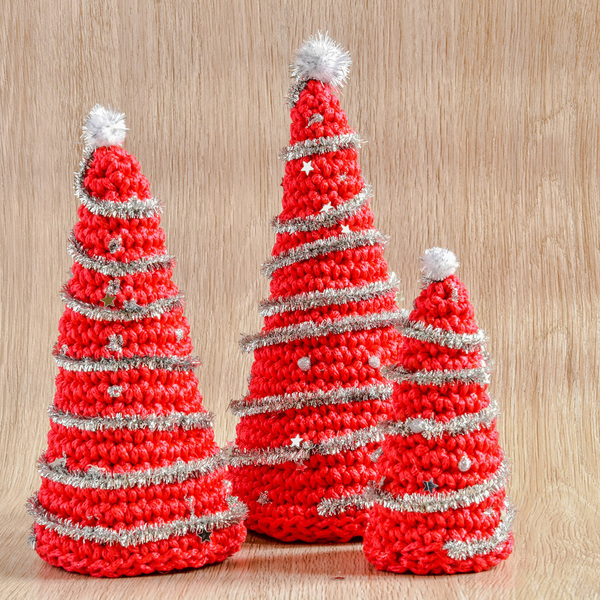 Κόκκινα πλεκτά Χριστουγεννιάτικα δέντρα , σετ 3 τεμαχίων - χειροποίητα, χριστουγεννιάτικο δέντρο, διακοσμητικά - 2
