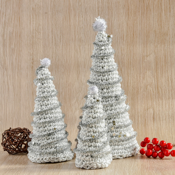 Ασημί πλεκτά Χριστουγεννιάτικα δέντρα , σετ 3 τεμαχίων - χειροποίητα, χριστουγεννιάτικο δέντρο, διακοσμητικά
