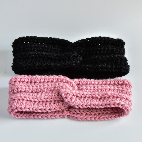 Σετ 2 πλεκτές κορδέλες για τα μαλλιά σε ροζ & μαύρο - κορδέλα, δώρο, χειροποίητα, σετ, τουρμπάνι, headbands