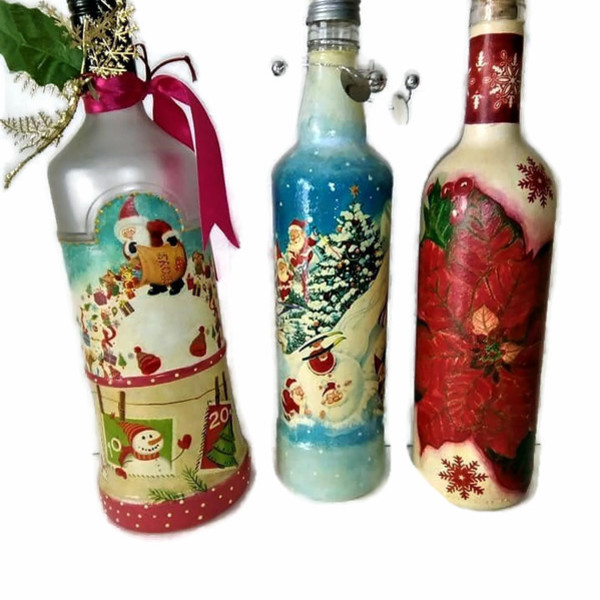 Διακοσμητικα χριστουγεννιατικα μπουκαλια χειροποιητα με τεχνική decoupage - γυαλί, χειροποίητα, διακοσμητικά, χριστουγεννιάτικα δώρα, πρωτότυπα δώρα