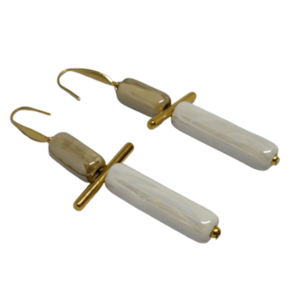 Σκουλαρίκια με κεραμικούς κυλίνδρους και ατσάλινο γάντζο - επιχρυσωμένα, πηλός, μακριά, ατσάλι, κρεμαστά - 2