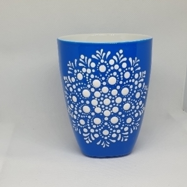 μπλε κούπα καφέ με λευκά σχέδια mandala - κούπες & φλυτζάνια
