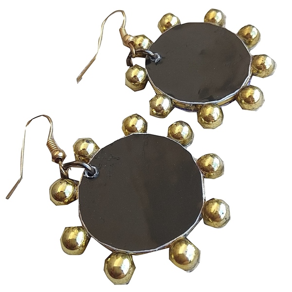 Σκουλαρίκα χρυσά στρογγυλά με μαύρο - κύκλος, boho, κρεμαστά, faux bijoux