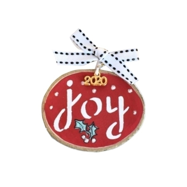 Γούρι 2020 - ροδέλα ξύλου ζωγραφισμένη ''JOY'' - ζωγραφισμένα στο χέρι, γούρι, στολίδια
